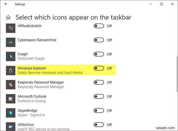 Windows10でハードウェアを安全に削除するアイコンを表示または非表示にする 