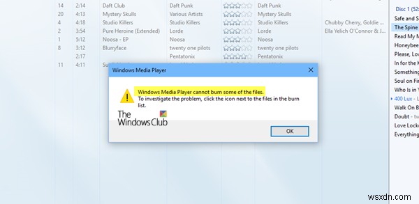 Windows Media Playerは、オーディオファイルの書き込み中に一部のファイルエラーを書き込むことができません 