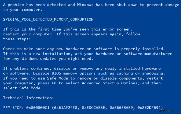 特別なプールで検出されたメモリの破損Windows10の停止コード 