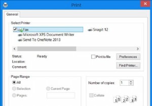 印刷コマンドは、[OneNoteに送信]、[名前を付けて保存]、[FAXの送信]などのダイアログボックスを開きます 