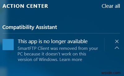 このアプリは、Windows10では利用できなくなりました 
