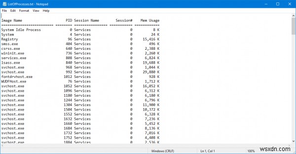 TaskListを使用してすべてのWindowsプロセスをテキストファイルに保存する方法 