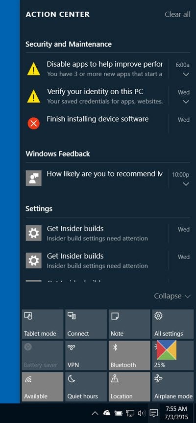 Windows10の通知およびアクションセンター 