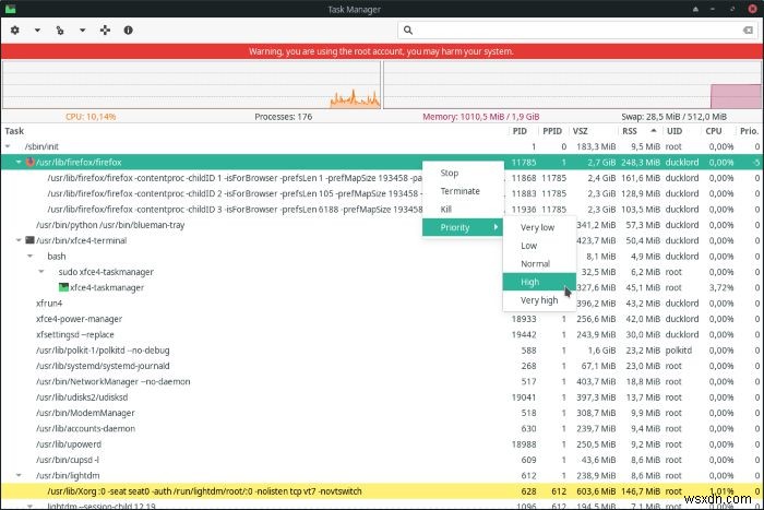 XFCEのタスクマネージャーを使用して実行中のプロセスを管理する方法 