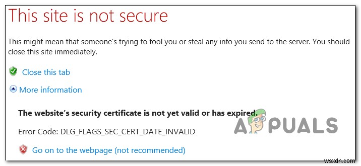 修正：InternetExplorerまたはEdgeのDLG_FLAGS_SEC_CERT_DATE_INVALID 