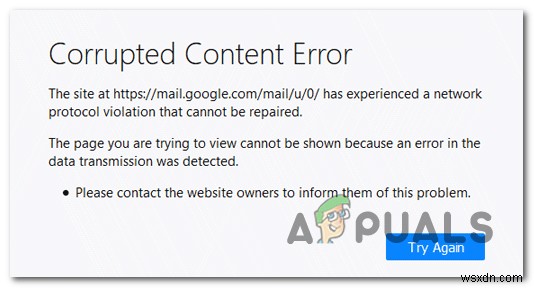 破損したコンテンツエラー「mail.google.com」 
