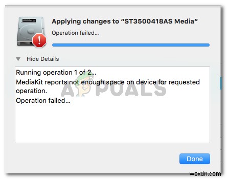 修正：Mediakitは、要求された操作のためにデバイスに十分なスペースがないことを報告します 