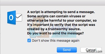 修正：Outlook2016Mac「スクリプトがメッセージを送信しようとしています」 