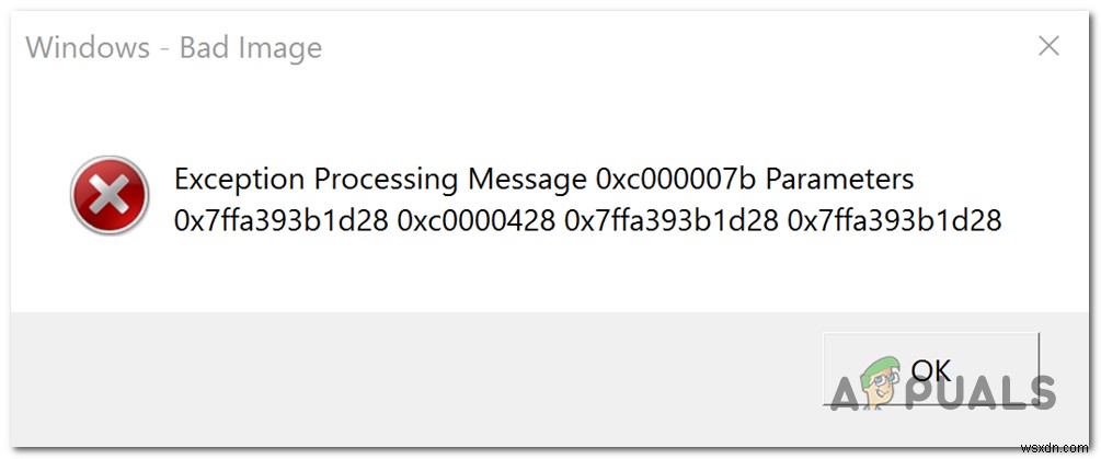 スタートアップ修正時の例外処理メッセージ0xc000007bパラメータ 