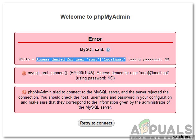 MySQLでユーザー「root」@「localhost」エラーに対して拒否されたアクセスを修正する方法 