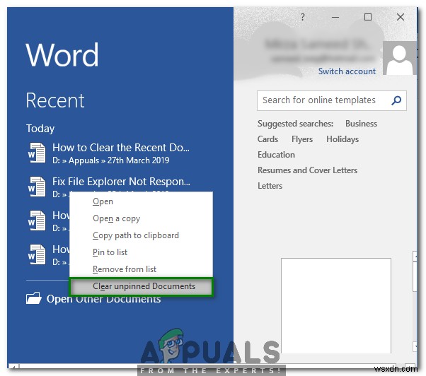 MicrosoftWordで最近のドキュメントリストをクリアまたは無効にする方法 