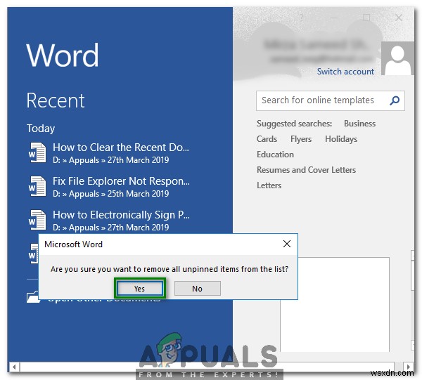 MicrosoftWordで最近のドキュメントリストをクリアまたは無効にする方法 