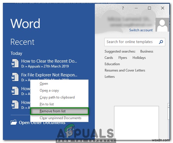 MicrosoftWordで最近のドキュメントリストをクリアまたは無効にする方法 