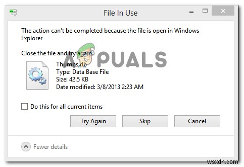 修正：ファイルがWindowsエクスプローラーで開いているため、アクションを完了できません 