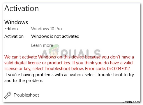 修正：Windows10アクティベーションエラー0xc004f012 