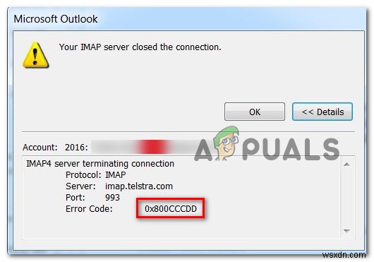 Outlookエラー0x800CCCDDの解決「IMAPサーバーが接続を閉じました」 