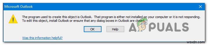 修正：Outlookエラー「このオブジェクトの作成に使用されたプログラムはOutlookです」 