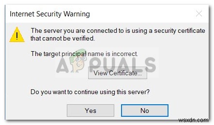 修正：接続しているサーバーが検証できないセキュリティ証明書を使用している 