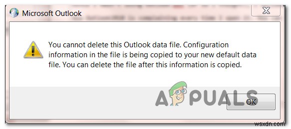 修正：このOutlookデータファイルを削除することはできません 