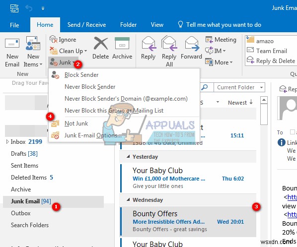 Outlook2016が迷惑メールまたは迷惑メールフォルダに電子メールを移動するのを防ぐ方法 