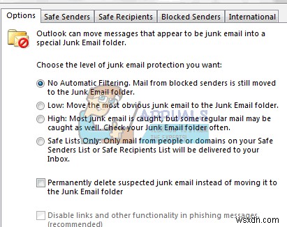 Outlook2016が迷惑メールまたは迷惑メールフォルダに電子メールを移動するのを防ぐ方法 