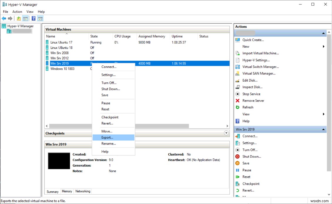 Hyper-V2019での仮想マシンのエクスポートとインポート 