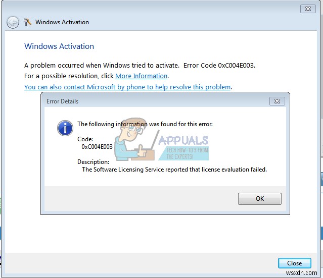 修正：Windows7アクティベーションエラーコード0xc004e003 