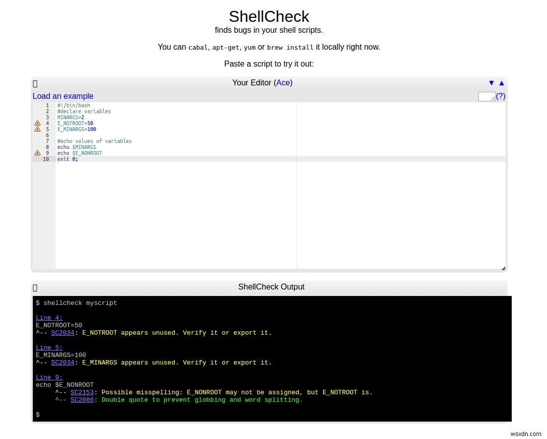 ShellCheck –シェルスクリプトの警告と提案を表示するツール 