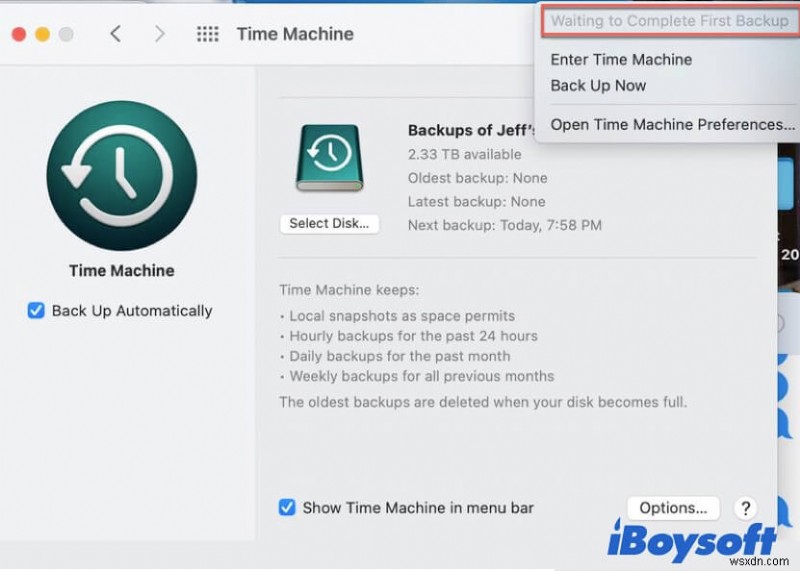 Time Machine が最初のバックアップの完了を待機中のエラー、ここで修正