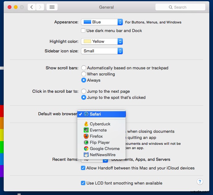 Yosemite のヒント:Safari を開かずに既定の Web ブラウザを変更する