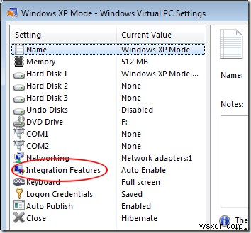 XP モード仮想マシンの統合機能を有効にする 