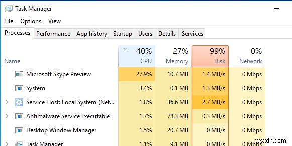 Windows 10 でのディスク使用率が 100% の場合のトラブルシューティング