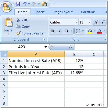 Excel を使用して名目金利から実効金利を計算する