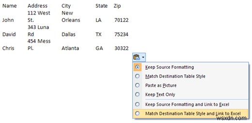 Excel ワークシートを Word Doc に挿入する 