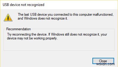 Windows 10 での USB デバイス記述子エラーの修正