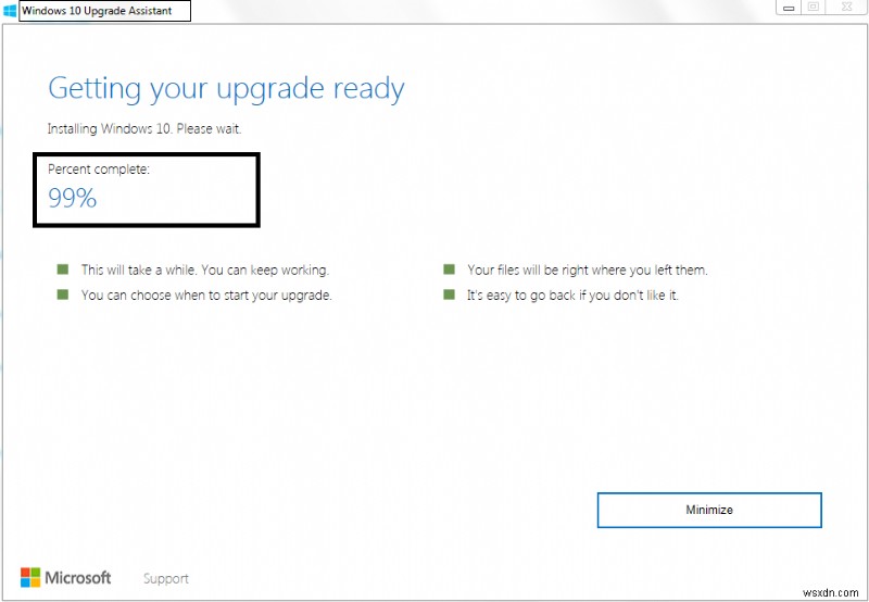 Windows 10 アップグレード アシスタントが 99% で停止する問題を修正 