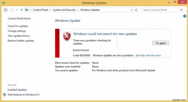 Windows Update エラー 0x8024a000 を修正 