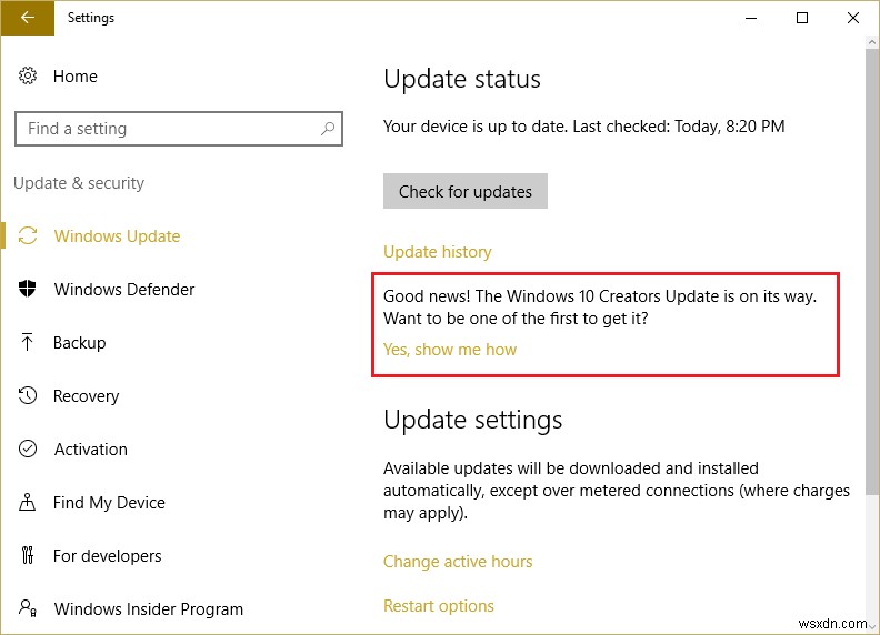 Windows Update で Windows Creators Update の通知を無効にする
