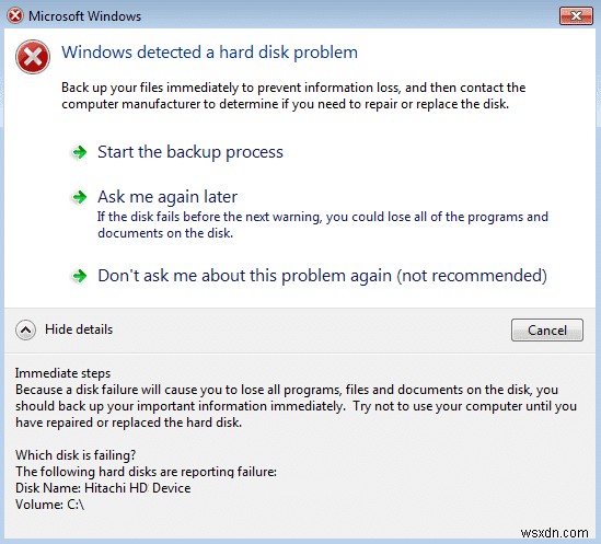 [解決済み] Windows がハードディスクの問題を検出しました 