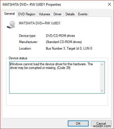 CDまたはDVDドライブのエラーコード39を修正 