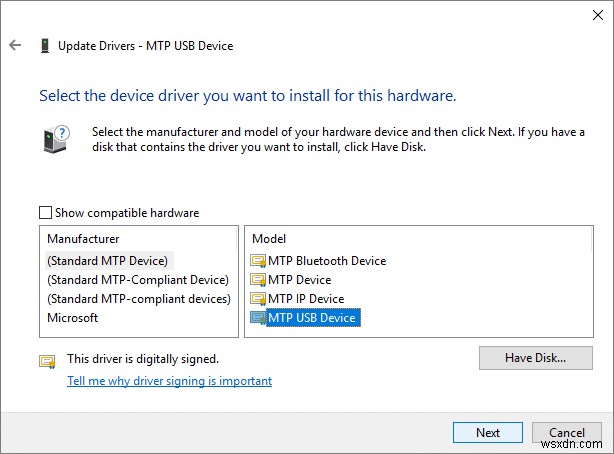 MTP USB デバイス ドライバーのインストールの失敗を修正 
