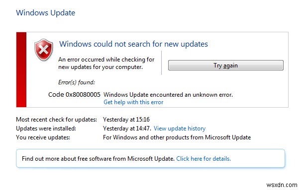 Windows Update エラー 0x80080005 を修正 