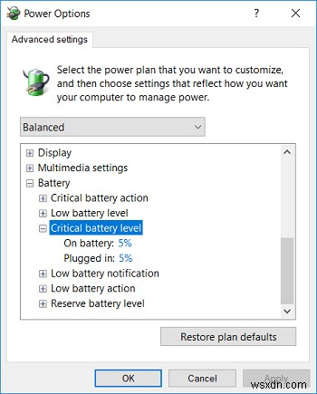 Windows 10 で重要なバッテリー レベルを変更する 