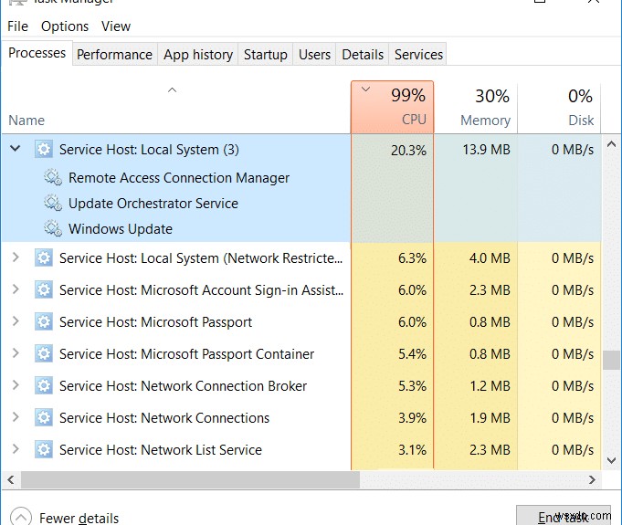 サービス ホストによる高い CPU 使用率の修正:ローカル システム 