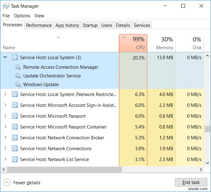 サービス ホストによる高い CPU 使用率の修正:ローカル システム 