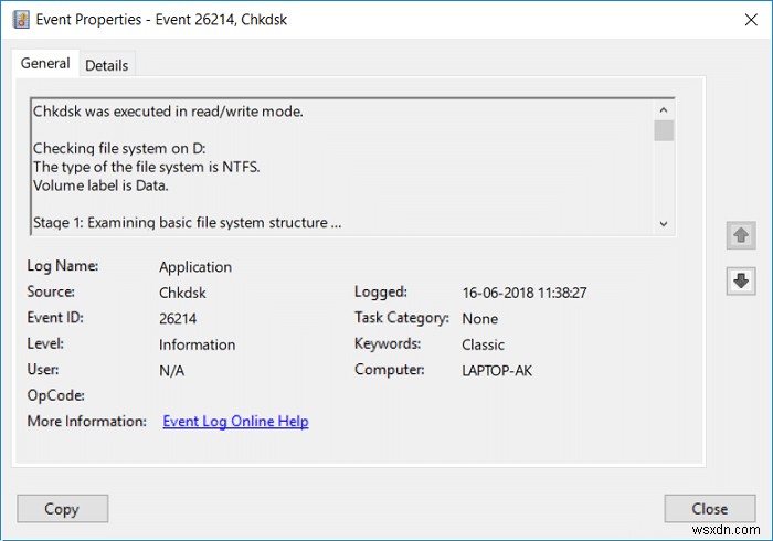 Windows 10 で Chkdsk のイベント ビューアー ログを読み取る 