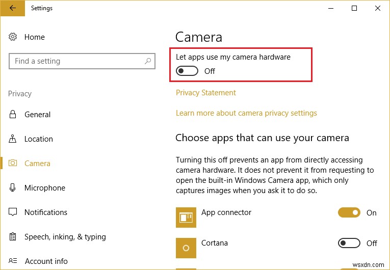 Windows 10 でカメラへのアプリ アクセスを許可または拒否する