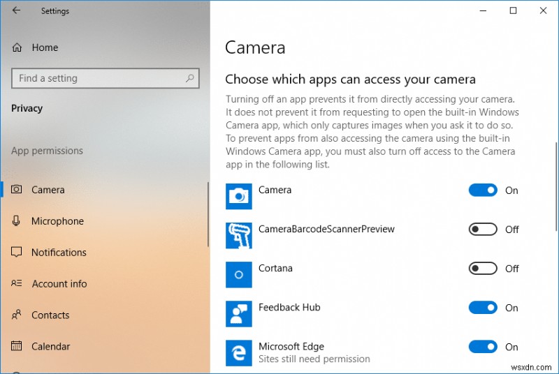 Windows 10 でカメラへのアプリ アクセスを許可または拒否する