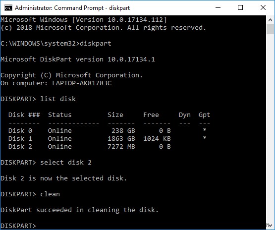 Windows 10 で Diskpart Clean コマンドを使用してディスクをクリーンアップする 