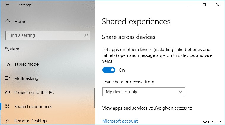 Windows 10 の共有エクスペリエンス機能を有効または無効にする 
